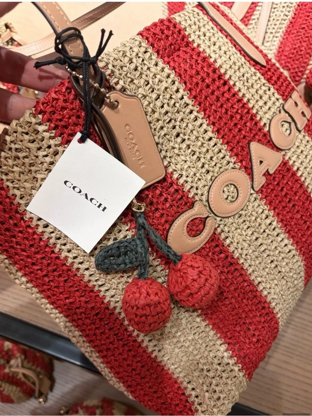 NWT COACH THE CITY TOTE BAG RED/TAN Striped Straw Tote Leather Logo, Handles.